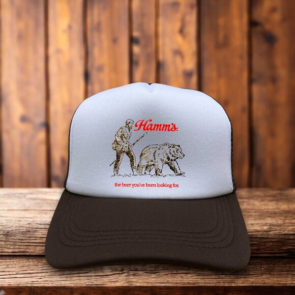 Unbranded Other - Hamms Beer Mens Trucker Hat Brown Snapback Vintage Logo Hunting Bear Ball Cap